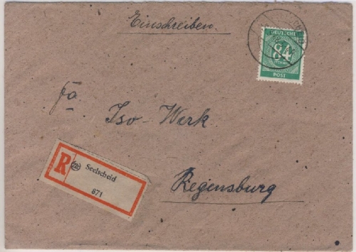 All.Bes./Kontrollrat - Seelscheid Einschreibebrief n. Regensburg 1948
