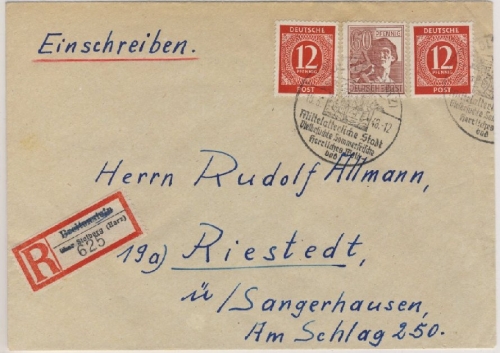 All.Bes./Kontrollrat - Stolberg Einschreibebrief n. Riestedt 1948 R-Zettel !