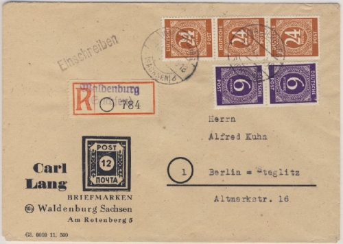 All.Bes./Kontrollrat - Waldenburg Einschreibebrief n. Berlin 1946 R-Zettel !