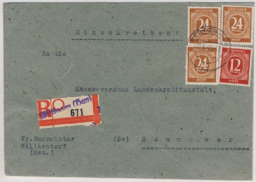All.Bes./Kontrollrat - Wittingen Einschreibebrief n. Hannover 1946 - R-Zettel !