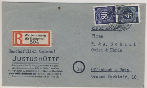 All.Bes./Kontrollrat - Weidenhausen Einschreibebrief n. Offenbach 1946