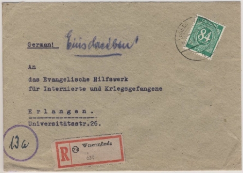 All.Bes./Kontrollrat - Wesermünde Einschreibebrief n. Erlangen 1947 R-Zettel !