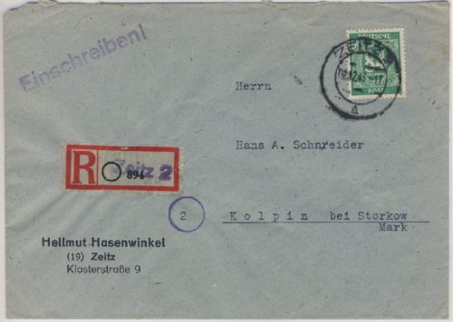 All.Bes./Kontrollrat - Zeitz 2 Einschreibebrief n. Kolpin 1946 Aushilfs-R-Zettel