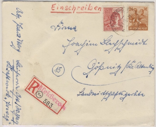 All.Bes./Kontrollrat - Bleicherode Einschreibebrief n. Gößnitz 1948 - R-Zettel !