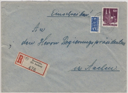 Bizone - Baesweiler Einschreibebrief n. Aachen 1950