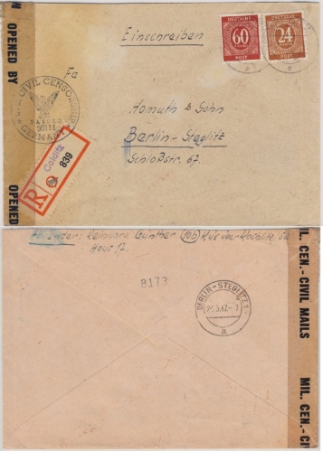 All.Bes./Kontrollrat - Colditz Einschreibebrief n. Berlin 1947 Zensurverschluss