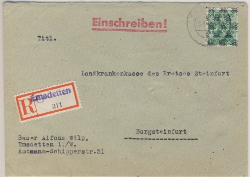 Bizone - Emsdetten Einschreibebrief n. Burgsteinfurt 1948 Aushilfs-R-Zettel
