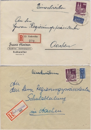 Bizone - Eschweiler 2 Einschreibebriefe n. Aachen 1949/50 - versch. R-Zettel