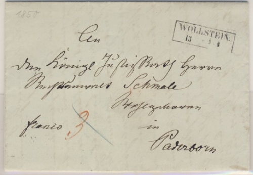 Preussen - Wollstein 1850 Francobrief mit Inhalt nach Paderborn Stichwort: Posen