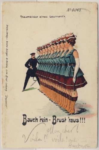Bauch rein - Brust raus, farb. Jux-Karte 1901 - gelaufen schweizer Feldpost 1901