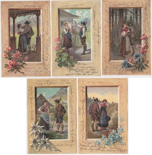 Tracht Trachtler 5 farb. Kitschkarten Serie: Grüass Gott… alle 5 Karten gelaufen