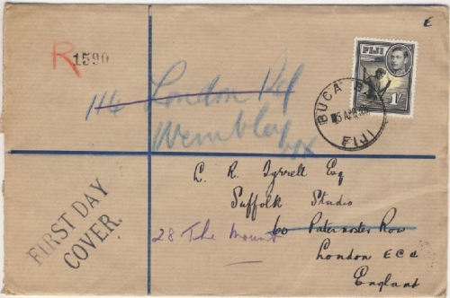 Fiji - 1 Sh. Freimarke Einschreibebrief/FDC n. ENGLAND !! Buca Bay London 1938