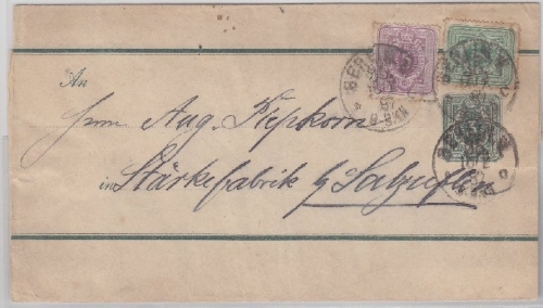 DR - 3 Pfg. Ganzsache Streifband m. 3+5 Pfg. Zusatz Berlin - Salzuflen 1882