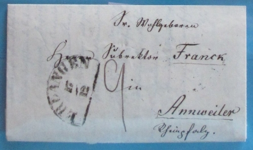 Bayern - Erlangen 1851 Portobriefchen in die Pfalz - mit Inhalt nach Annweiler