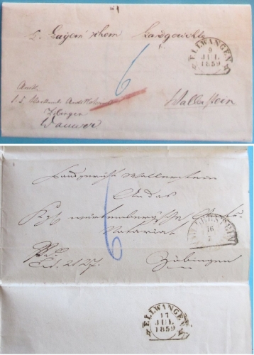 Württemberg - Ellwangen-Wallerstein Wendekuvert m. Inhalt Doppelverwendung 1859