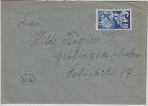 Saar - 25 F Europarat Einzelfrankatur Brief Weiskirchen ü. Wadern Esslingen 1951