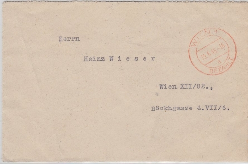 Österreich - Gebühr bezahlt Ortsbrief roter Tagesstempel Wien 19.6.45