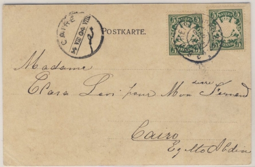 Bayern - 2x5 Pfg. Wappen, Karte n. ÄGYPTEN, Bad Reichenhall - Cairo 1904 - rs.