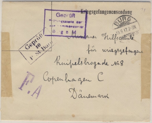 DR - Burg b. Magdeburg 1917 Kriegsgefangenenbrief n. DÄNEMARK Lagerzensuren