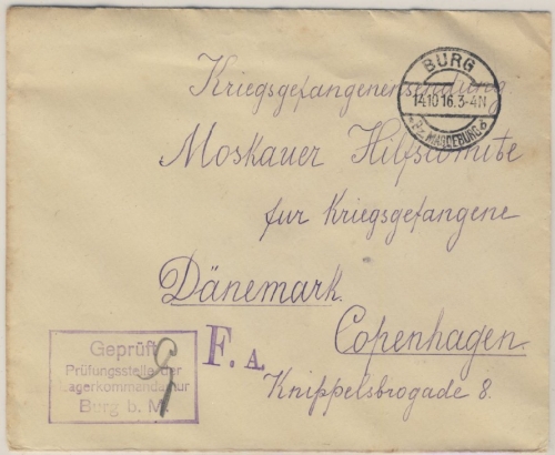 DR - Burg b. Magdeburg 1916 Kriegsgefangenenbrief n. DÄNEMARK Lagerzensur