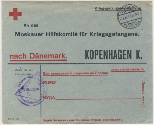 DR - Villingen Baden 1917 Kriegsgefangenenbrief n. DÄNEMARK Rotes Kreuz Vordruck