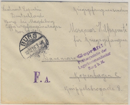 DR - Burg b. Magdeburg 1916, Kriegsgefangenenbrief n. DÄNEMARK - Lagerzensur