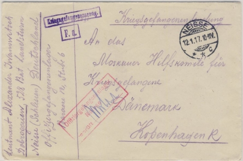 DR - Neisse 1917, Kriegsgefangenenbrief n. DÄNEMARK, Lagerzensur(Philippeville)