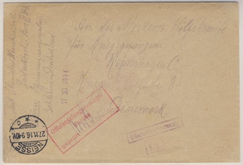 DR - Neisse 1916, Kriegsgefangenenbrief n. DÄNEMARK, Lagerzensur(Philippeville)
