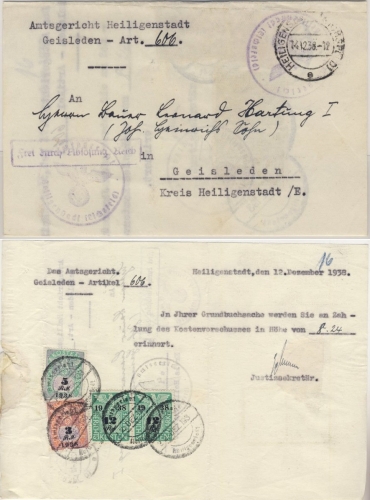 DR - Heiligenstadt (Eichsfeld) 1938 Frei d. Ablösung - Dienstbrief n. Geisleden