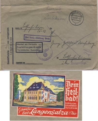 DR - Langensalza 1937 Zustellurkunde Frei d. Ablösung n. Bothenheilingen