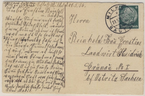 DR - Miklel über Bautzen 1936 Poststelle I Fernkarte n. Granau