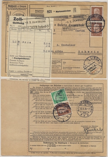 DR - 3x50 Pfg. Hindenburg u.a., Paketkarte i.d. SCHWEIZ Markneukirchen 1934 n.