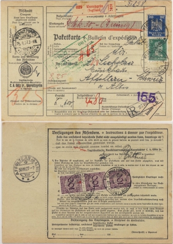 DR - 3x100 Pfg. Korbdeckel u.a., Wertpaketkarte i.d. SCHWEIZ 1927 Wernitzgrün n.