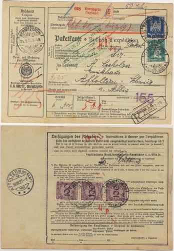 DR - 3x100 Pfg. Korbdeckel u.a., Wertpaketkarte i.d. SCHWEIZ Wernitzgrün 1927 n.