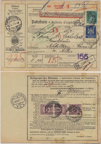DR - 3x 100 Pfg. Korbdeckel u.a. Wertpaketkarte i.d. SCHWEIZ Wernitzgrün 25.8.27