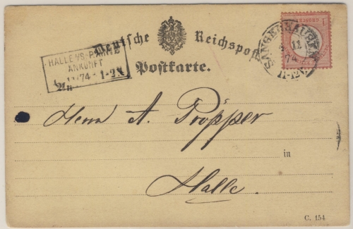 1 Gr. gr. Brustschild, Postkarte Sangerhausen - Halle 1874 Paris 1873