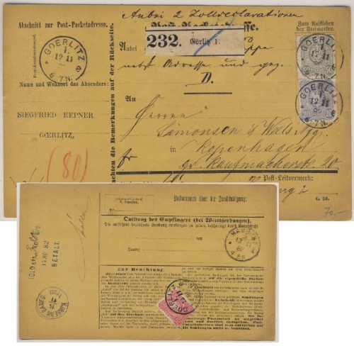 DR - 50+20+10 Pfg. Paketkarte n. DÄNEMARK Görlitz 1 - Kopenhagen 1882