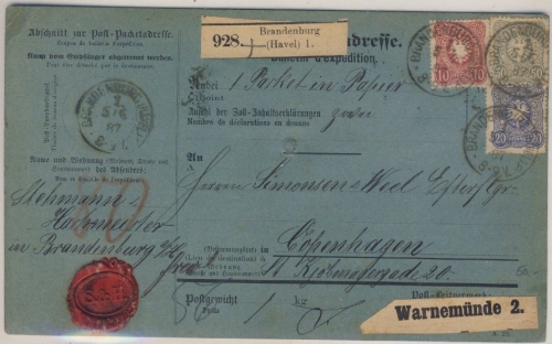 DR - 50+20+10 Pfg. Paketkarte n. DÄNEMARK Brandenburg (Havel) - Kopenhagen 1887