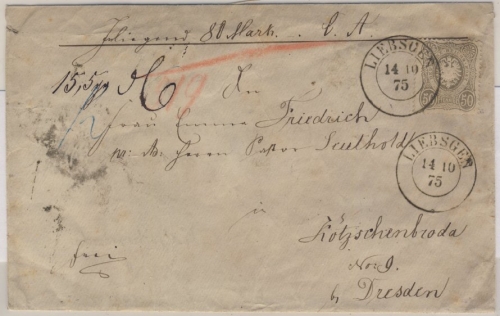DR - 50 PfgE Wertbrief K2 Liebsgen - Kötzschenbroda b. Dresden 1875 Lagervermerk
