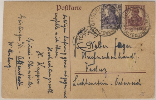 DR - 15 Pfg. Germania Ganzsache + Zusatz n. LIECHTENSTEIN Geislingen 29.6.20