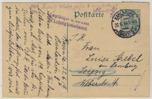 DR - Empfänger & Strasse in Leipzig unbekannt, L2 5 Pfg. Germania Ganzsache 1914