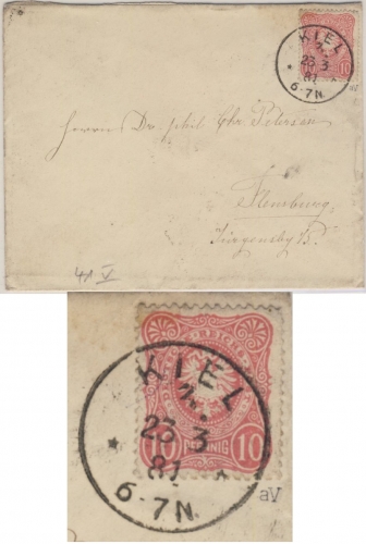 10 Pfg., Plattenfehler V, Brief Kiel - Flensburg 18814