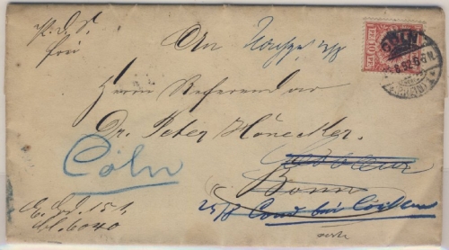 DR - 10 Pfg. Krone/Adler Irrläufer Dienstbrief Cöln Bonn Koblenz Cochem 1892