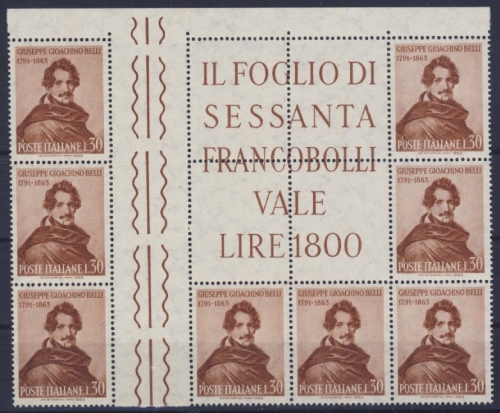 Italy - 30 L 100. Todestag Belli 3 Zwischenstege im 12er-Block mit Info-Feld MNH