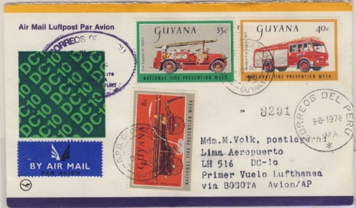 Guyana - 40+35+8 C. Feuerschutzwoche 1977 LupoBf. Georgetown, Zuleitungspost