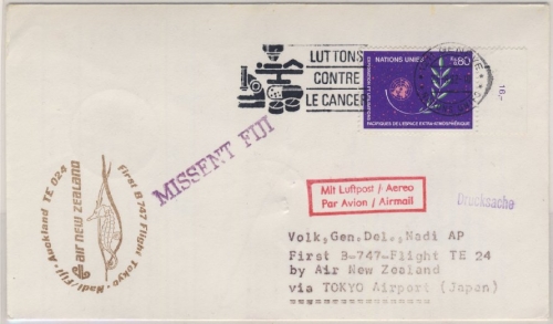 UNO Genf - Air New Zealand Zuleitungspost 1st-Flug Tokyo Nadi 1982 missent Fiji