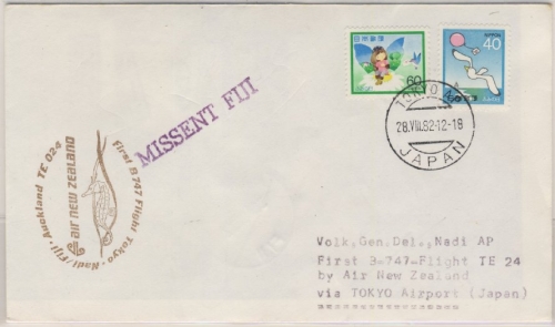 Japan - Air New Zealand 1st-Flug Tokyo - Nadi 1982 Luftpostbrief "missent Fiji"