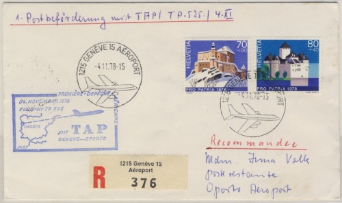 Schweiz - TAP Air Portugal Luftpost Einschreibebrief 1st-Flug Genf - Oporto1978