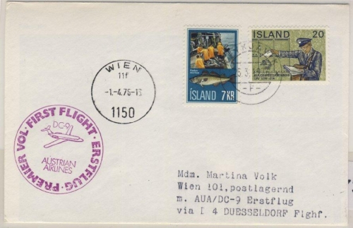 Island - AUA Österreich Zuleitungspost 1st-Flug Düsseldorf - Wien 1976