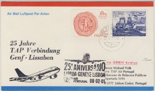 Island - TAP Air Portugal Zuleitungspost Sonderflug 25 J. Genf - Lissabon 1988